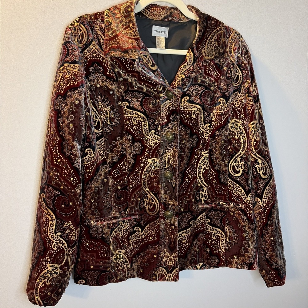 Chicos Velvet Paisley Blazer Jacket Button Front Boho Western Burgundy Sz‎ 2